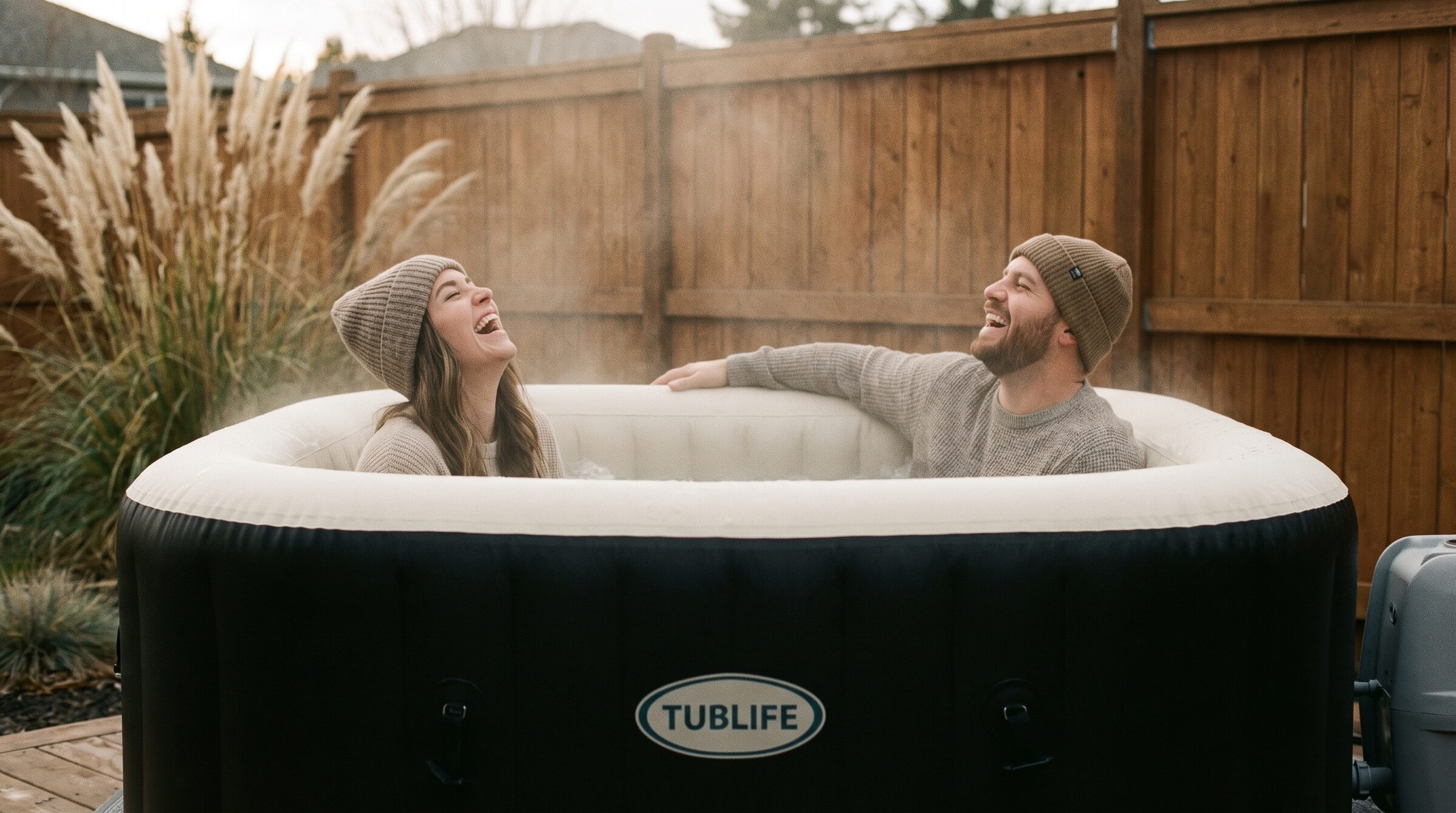 Couple laughing in the TUBLIFE Smart Hot Tub on a cool evening