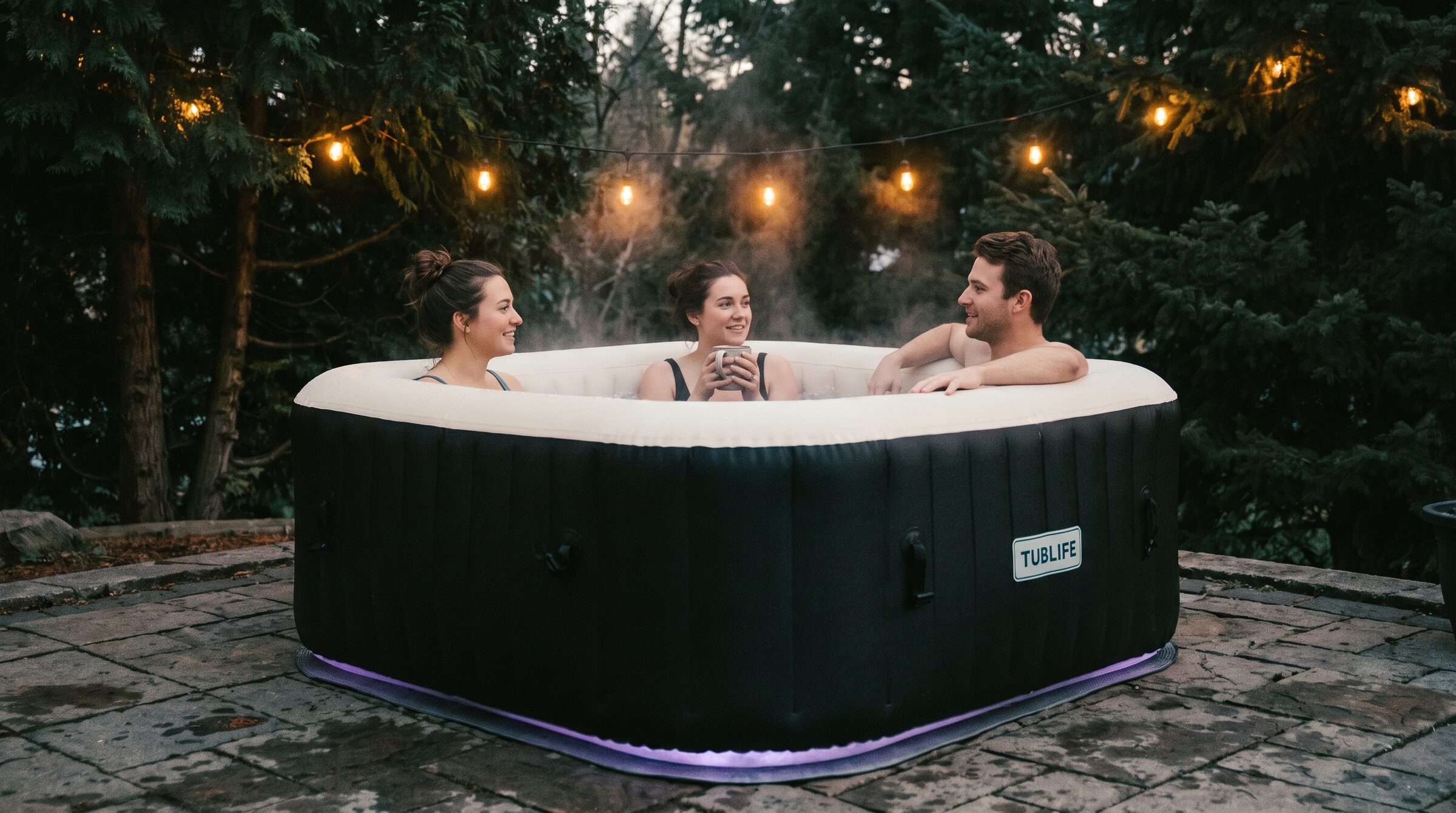 Friends talking in the TUBLIFE spa at dusk with violet glow
