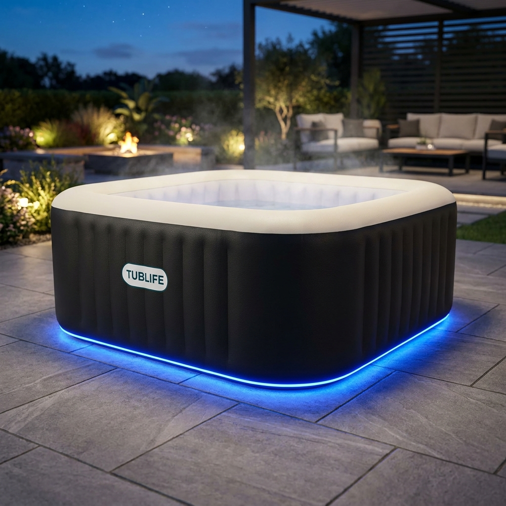 TUBLIFE Smart Hot Tub glowing blue on a stone patio at dusk